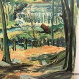 Oil on canvas waterfall in forest