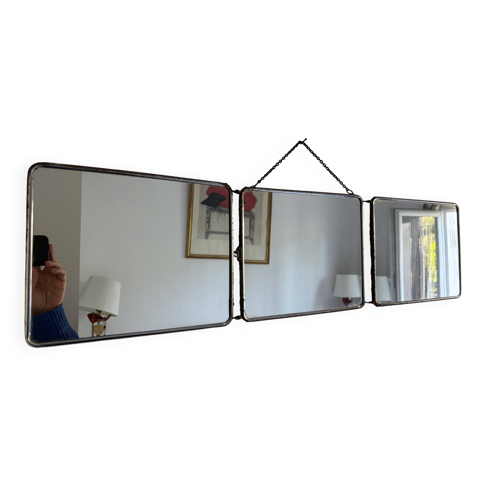 Vintage 1950s triptych barber mirror in duck blue - 22 x 86 cm