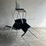 Set of 5 Zanotta 'Lia' chairs — matt aluminum frame with dark grey leather seats, Italian minimalist design