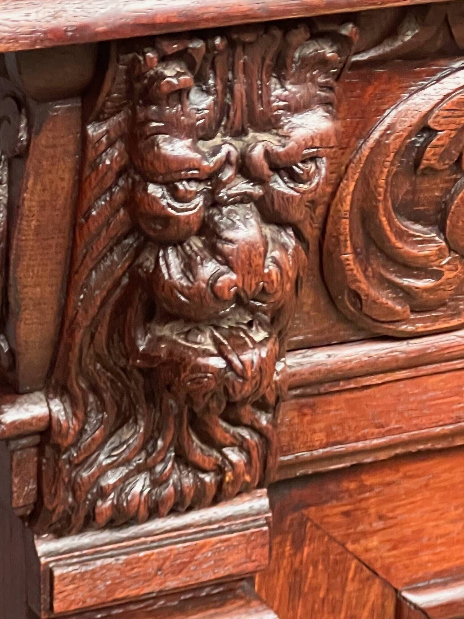 Library and buffet in antique Renaissance style. Beautiful sculptures. Solid oak. France. 19th century.