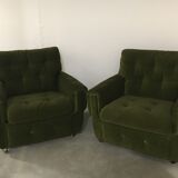 Pair of armchairs, green velvet on wheels, from the 70s