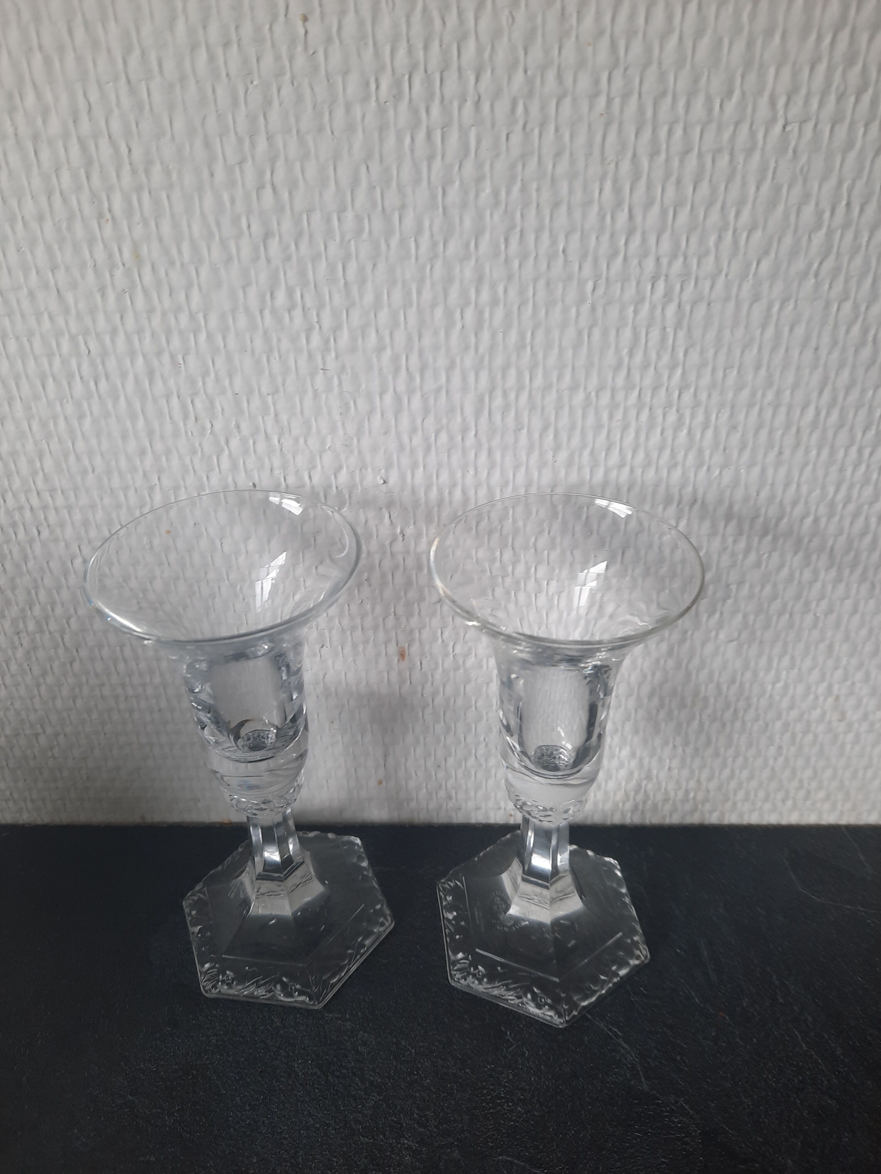 Pair of glass roshental candle holders