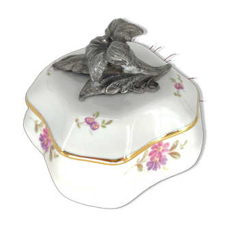 Limoges porcelain candy box, old art deco white flower jewelry box