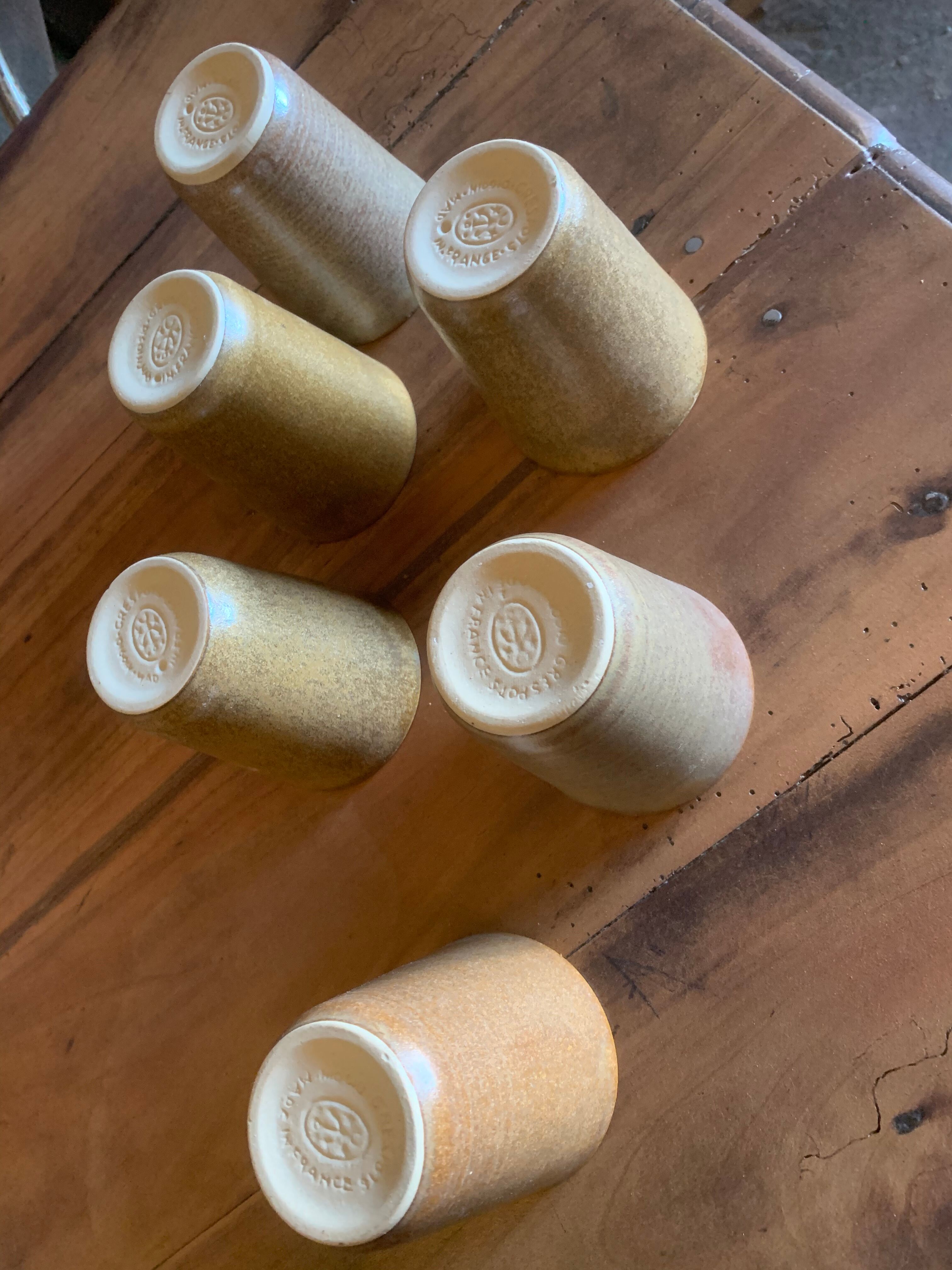 6 vintage Digoin sandstone mugs