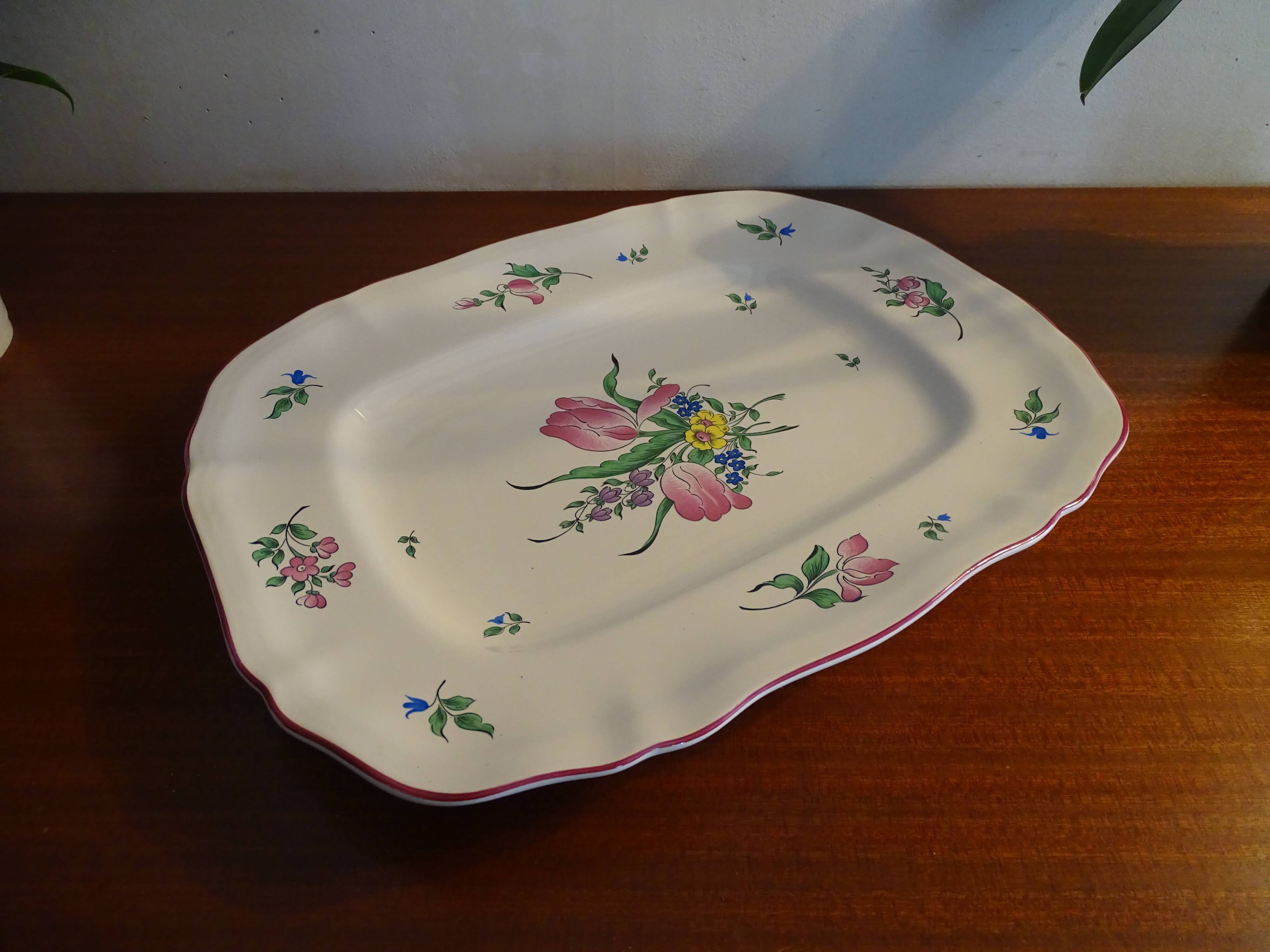 Large dish KG Lunéville street lamp tulip and flowers - 35.5 cm x 28 cm