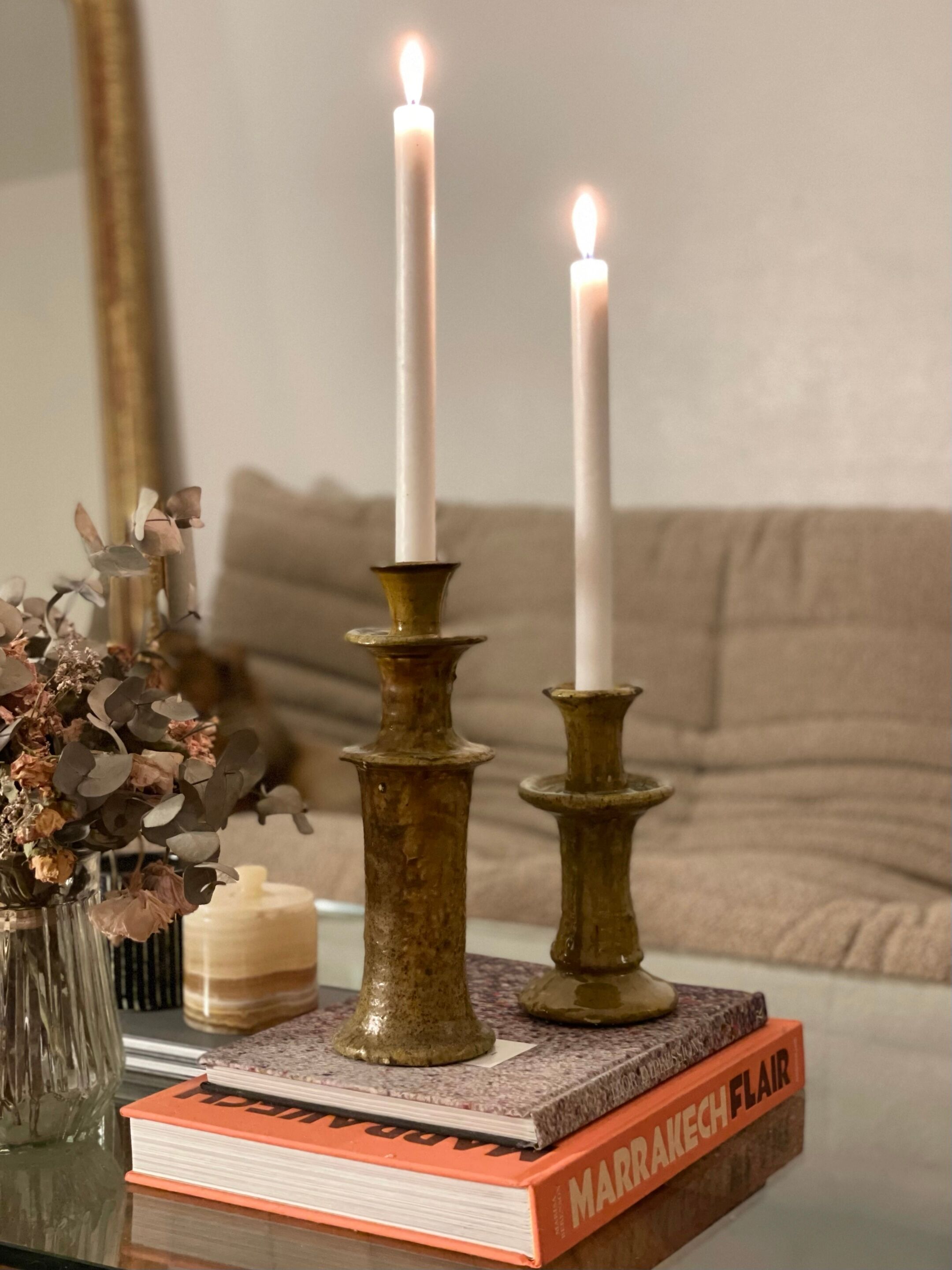 Tamegroute candlestick candlestick enamelled yellow ochre S H15 cm