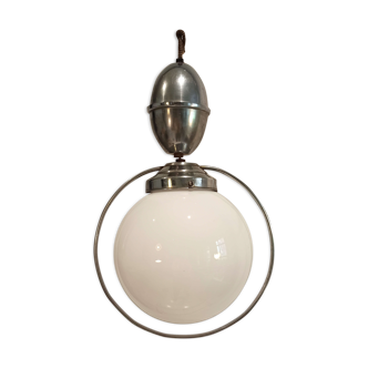 Suspension lustre vintage globe blanc cercle chromé monte et descend