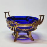 Ancienne jardinière centre de table en métal doré et verre bleu cobalt