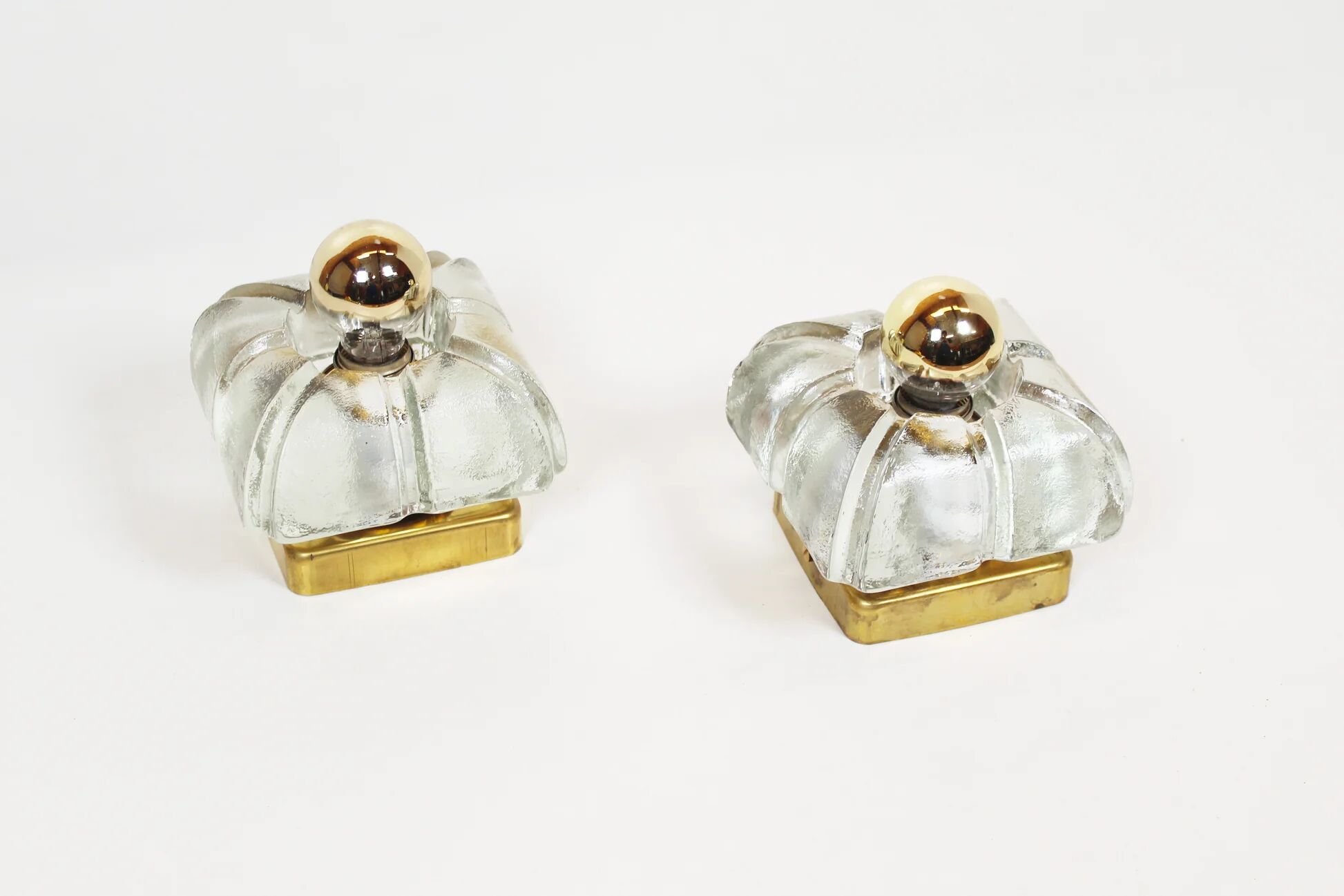Pair of ice glass and brass wall lamps by Sische