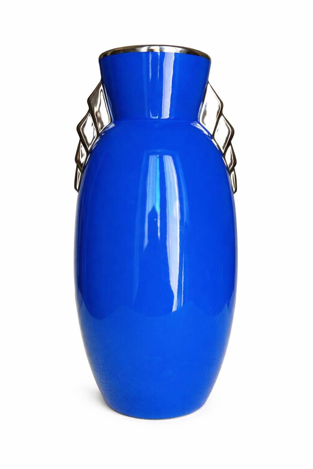 Belgian Art Deco blue vase with metallic lustre, stepped handles, 1930s