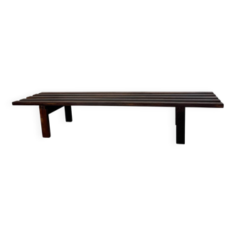 Banc-table basse à lattes en bois brun, style moderne du milieu du siècle, années 1970