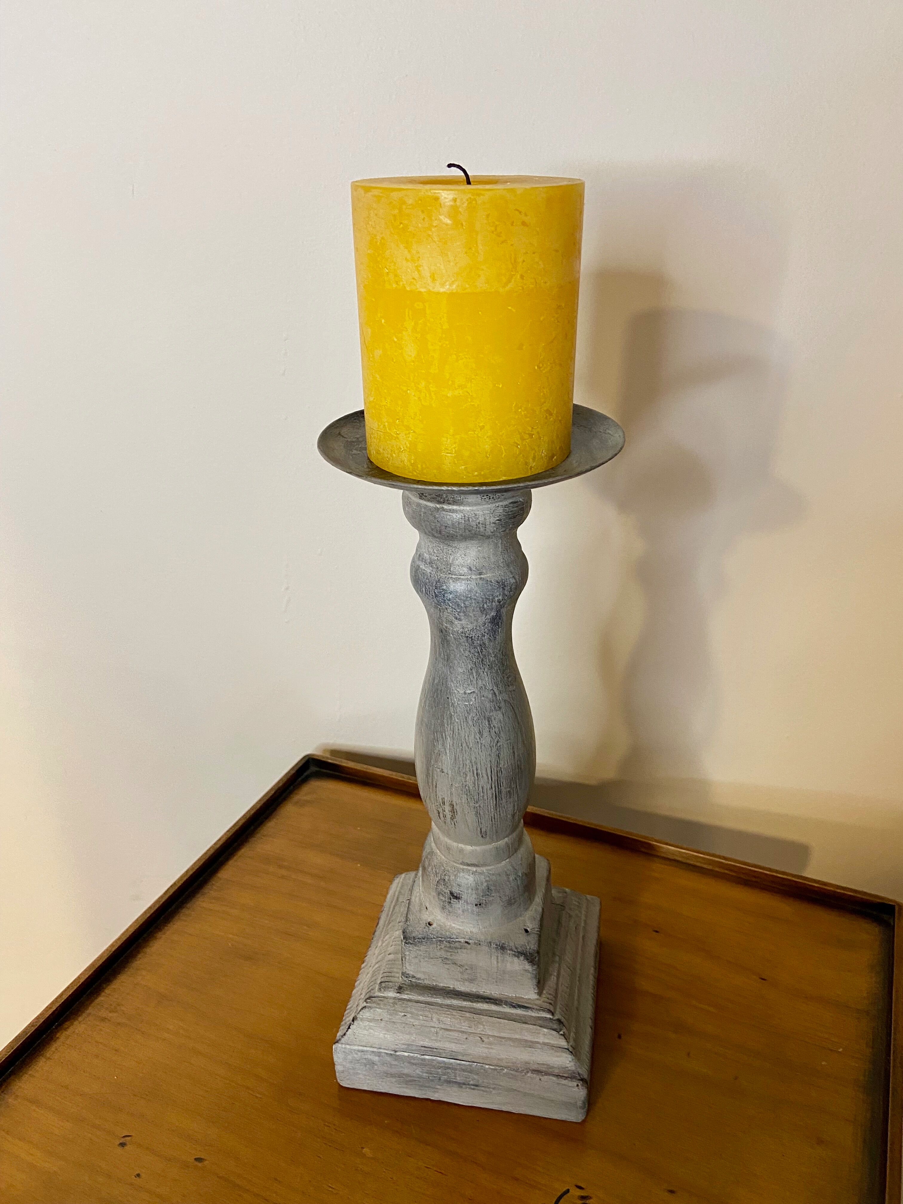 Gray patinated wooden candle holder