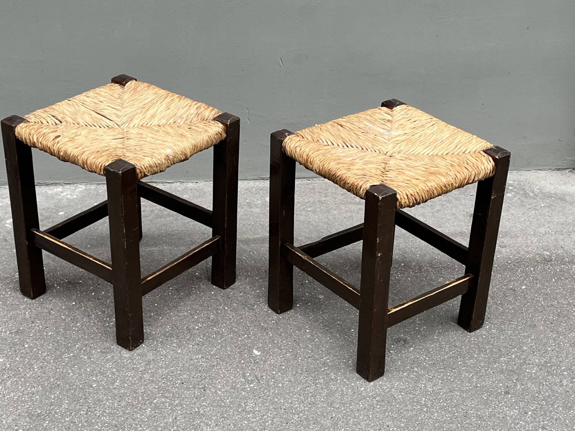 Pair of vintage straw-seat stools