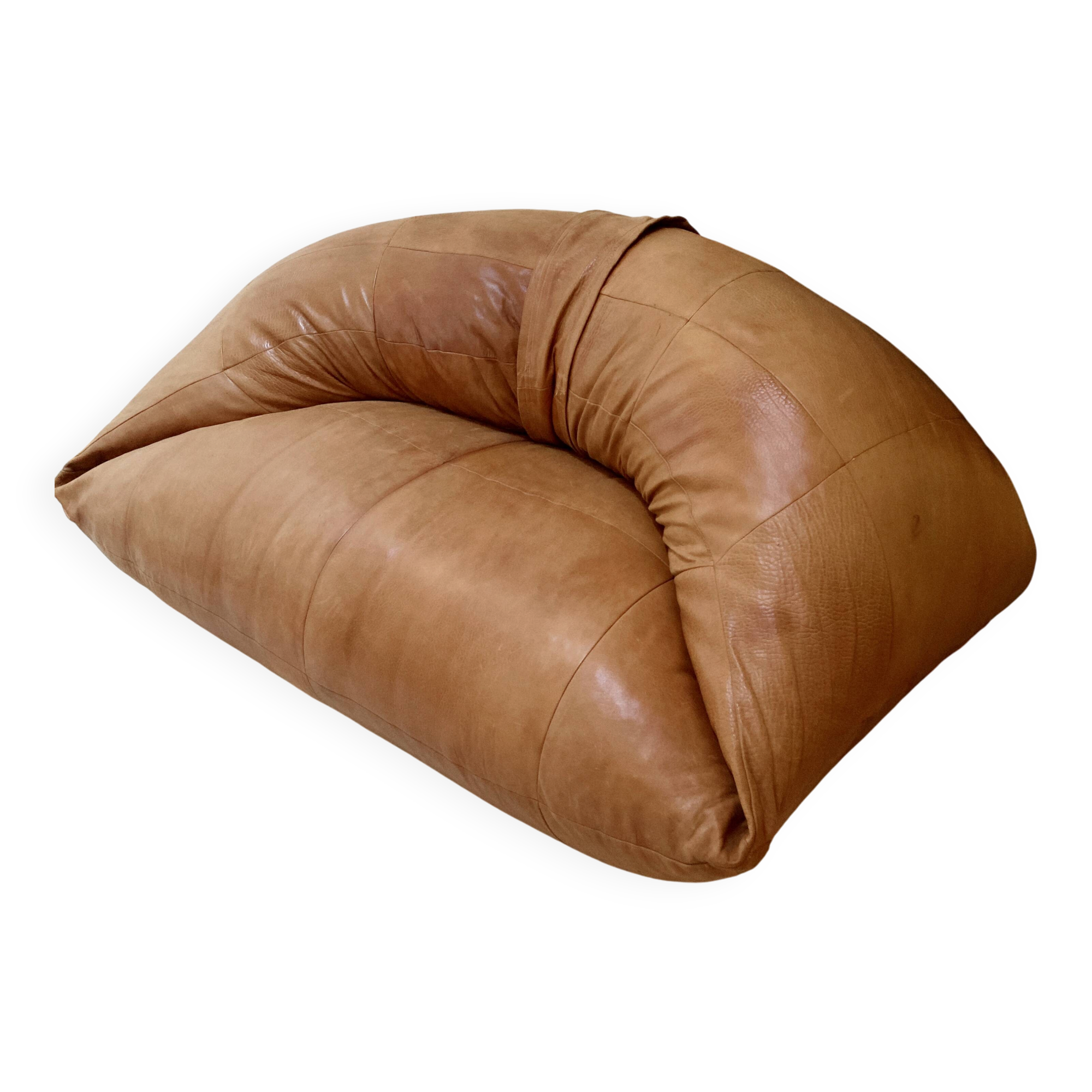 Two-seater leather pouf sofa by Raphaël Raffel for Honoré Paris