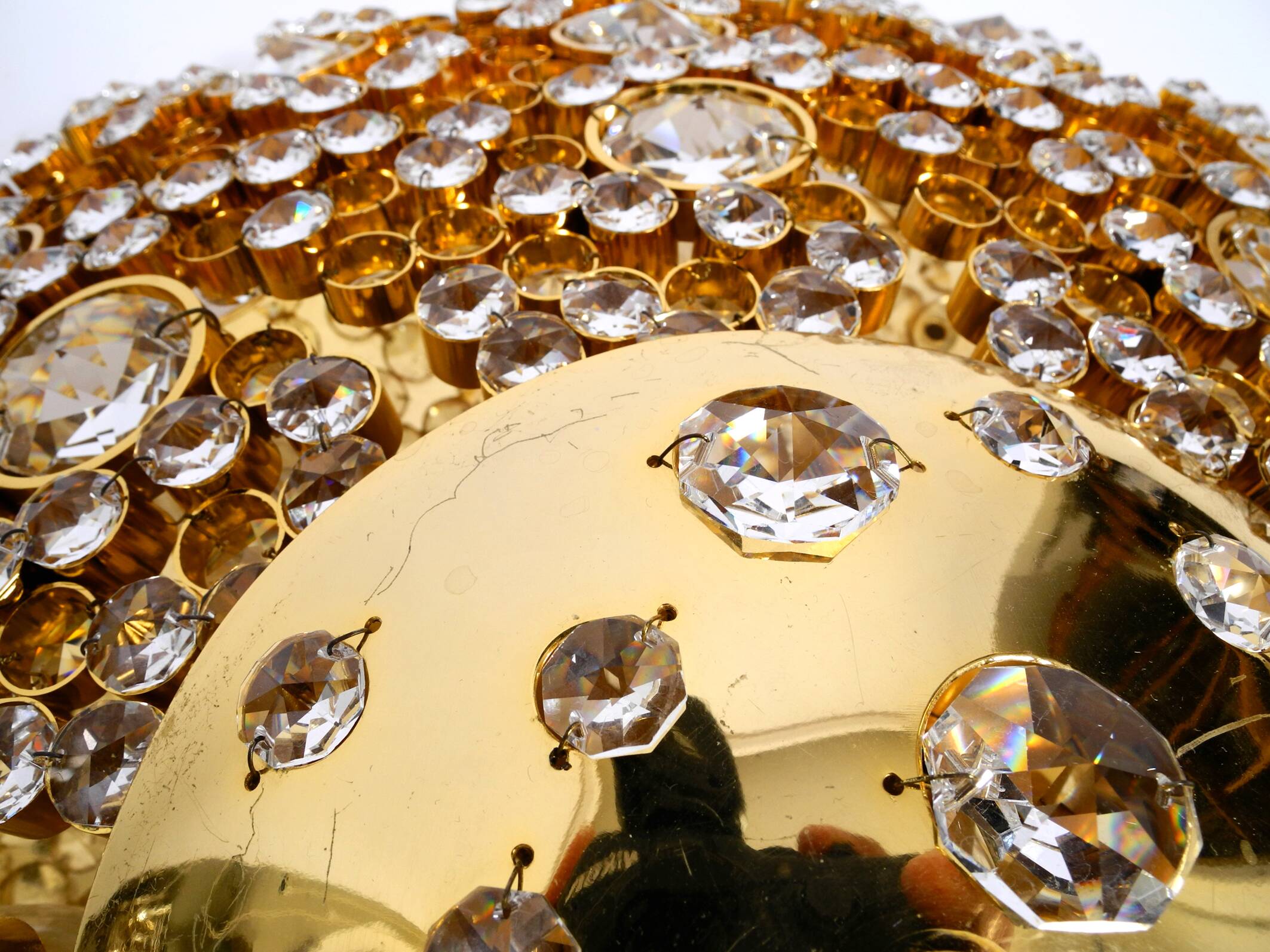 Gorgeous large 1970s Palwa brass ceiling or wall lamp with faceted crystal