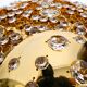 Gorgeous large 1970s Palwa brass ceiling or wall lamp with faceted crystal