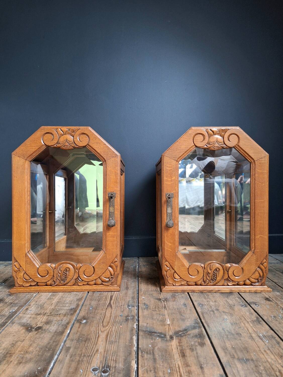 Pair of antique art deco display cabinets, vintage retro decoration