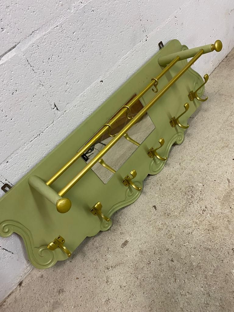 Vintage olive green wall coat rack with mirror