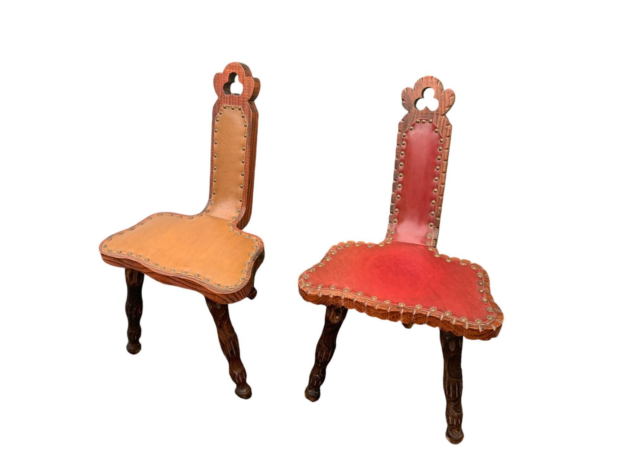 Pair of vintage French three-legged chairs with Breton style backrest, wooden seat 1960s