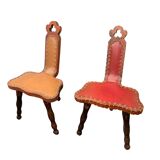 Pair of vintage French three-legged chairs with Breton style backrest, wooden seat 1960s