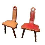 Pair of vintage French three-legged chairs with Breton style backrest, wooden seat 1960s