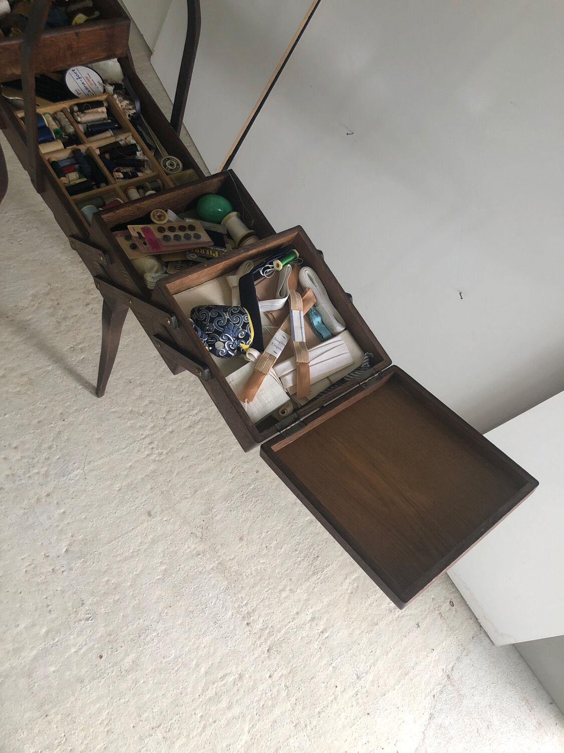 Vintage wood worker with sewing kit