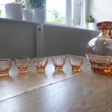 Carafe and 5 pink glass liqueur glasses with a gold rim 2008123