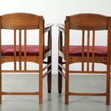 Set of two Art Nouveau design dining chairs with  red fabric upholstery