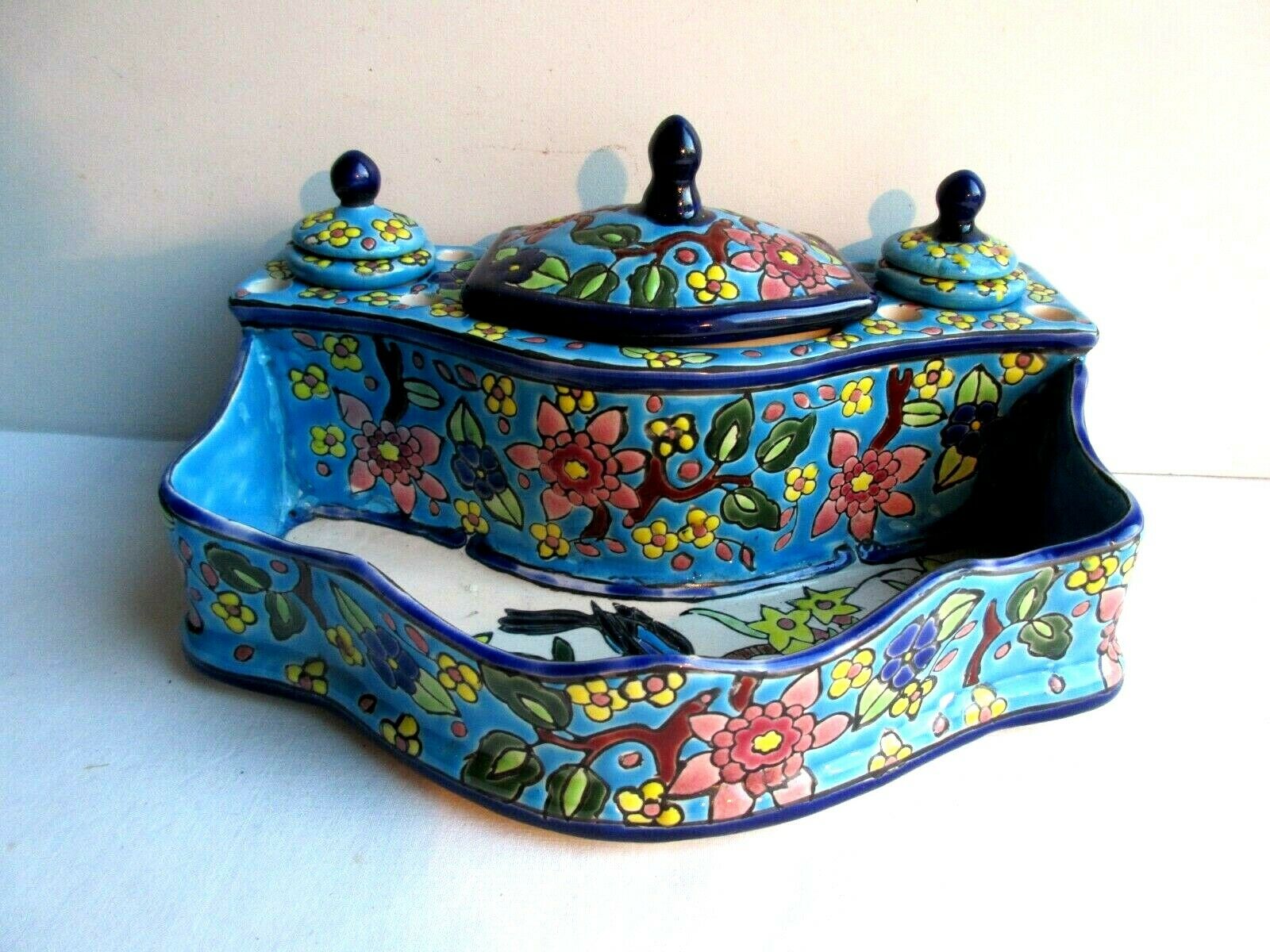 Double ink in enamels like Longwy  blue ceramic: Peonies and Bird