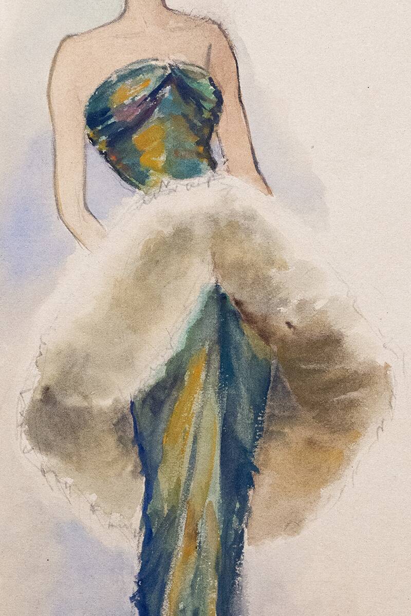 Fashion sketches: Woman in evening dress - Early 20th century Charcoal & Watercolor