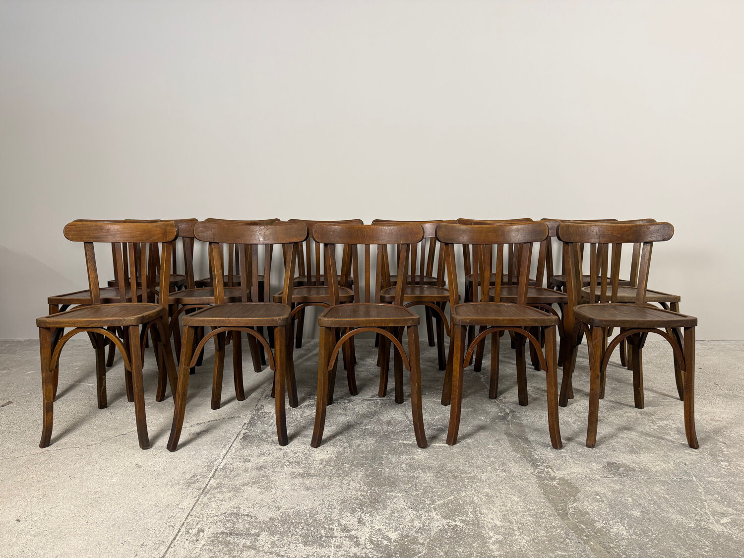 Set of 17 vintage bistro chairs in curved wood — striped seat, be