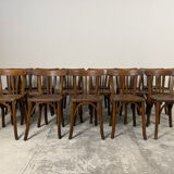 Set of 17 vintage bistro chairs in curved wood — striped seat, be