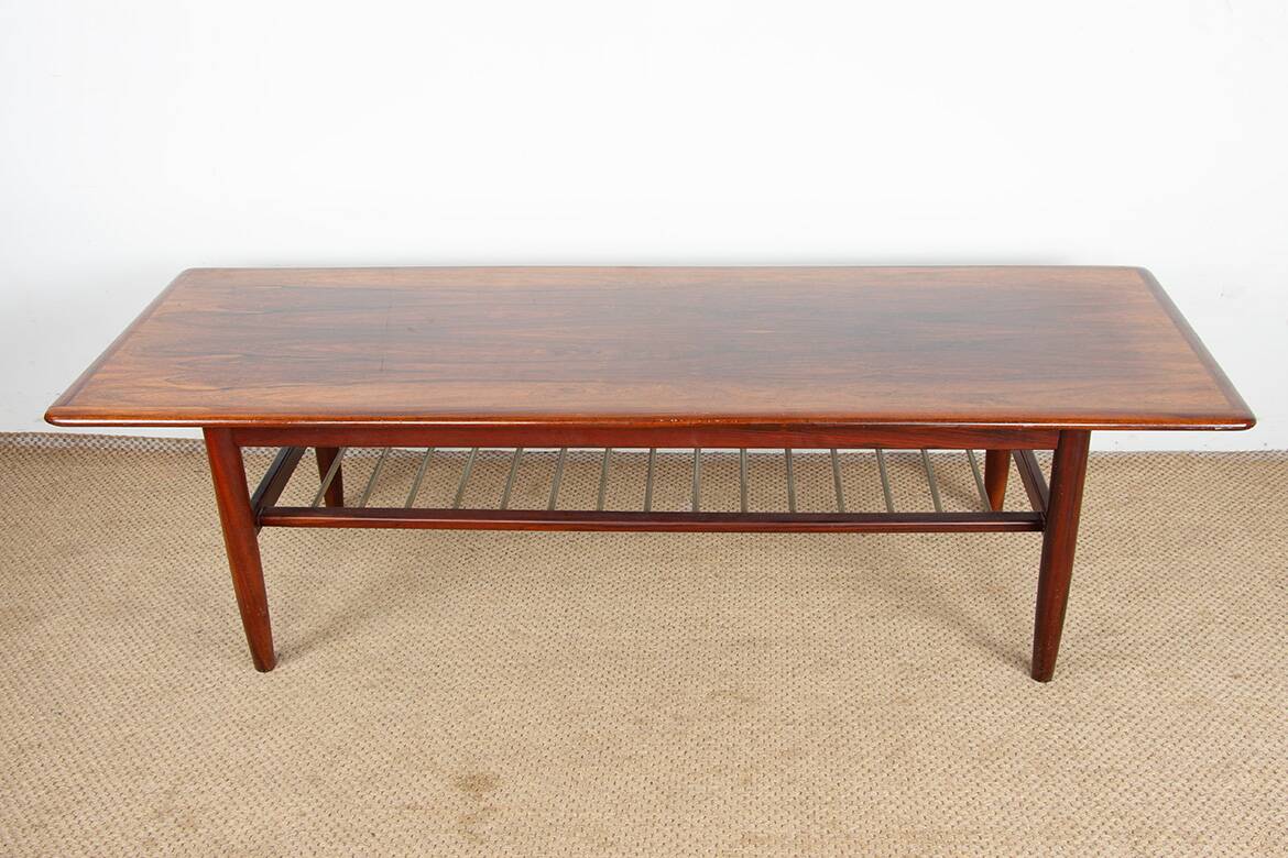 Rosewood and metal tube coffee table, two levels, Denmark 1960.