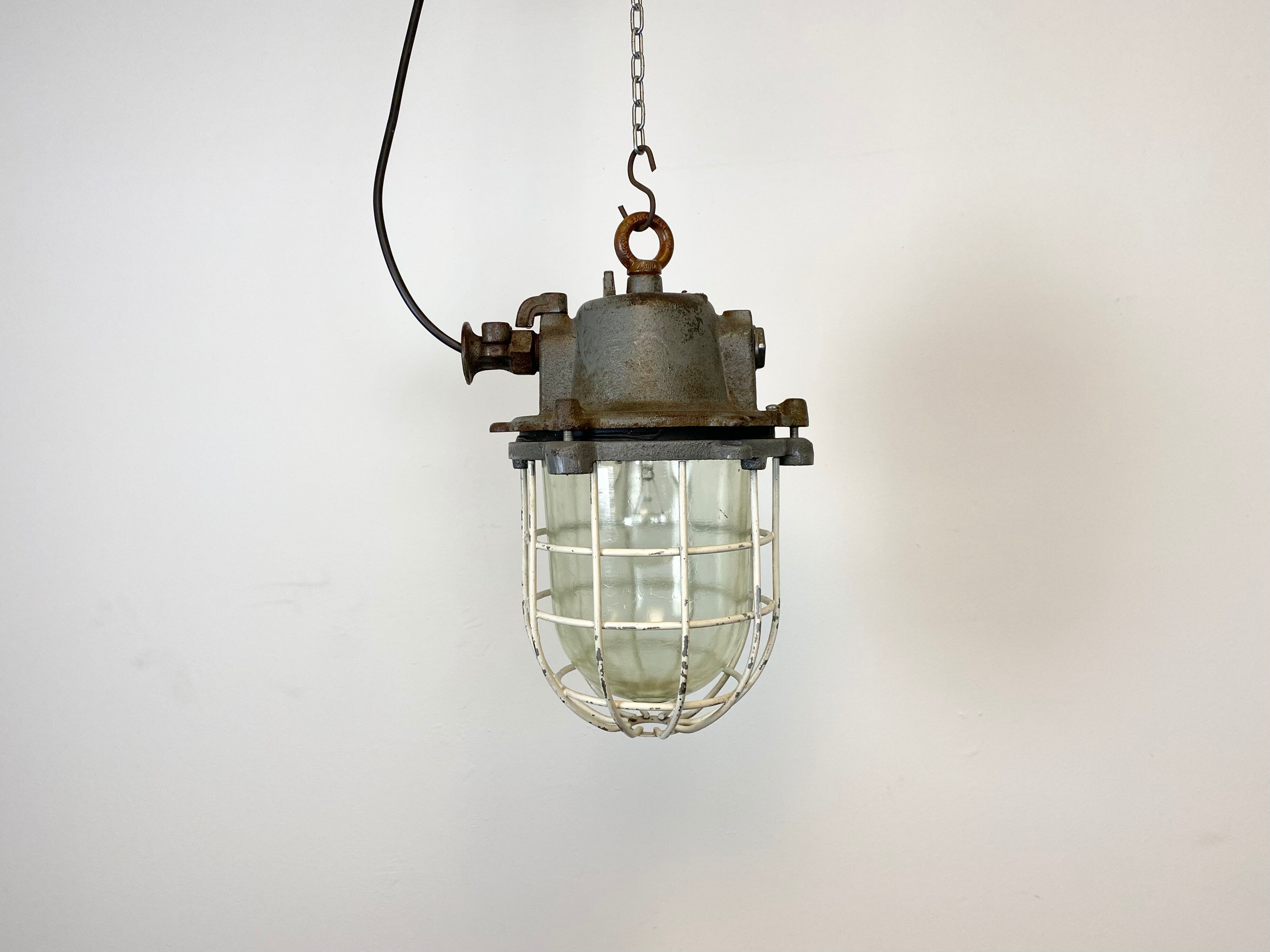 Grey cast iron industrial cage pendant light, 1970s