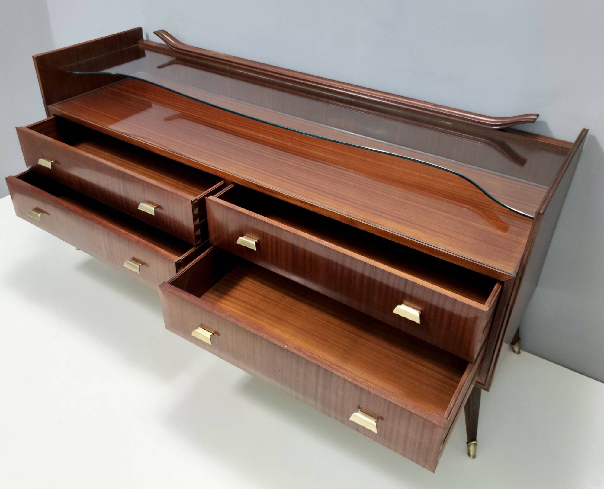 High-Quality Walnut Chest of Drawers with a Thick Glass Top, Italy