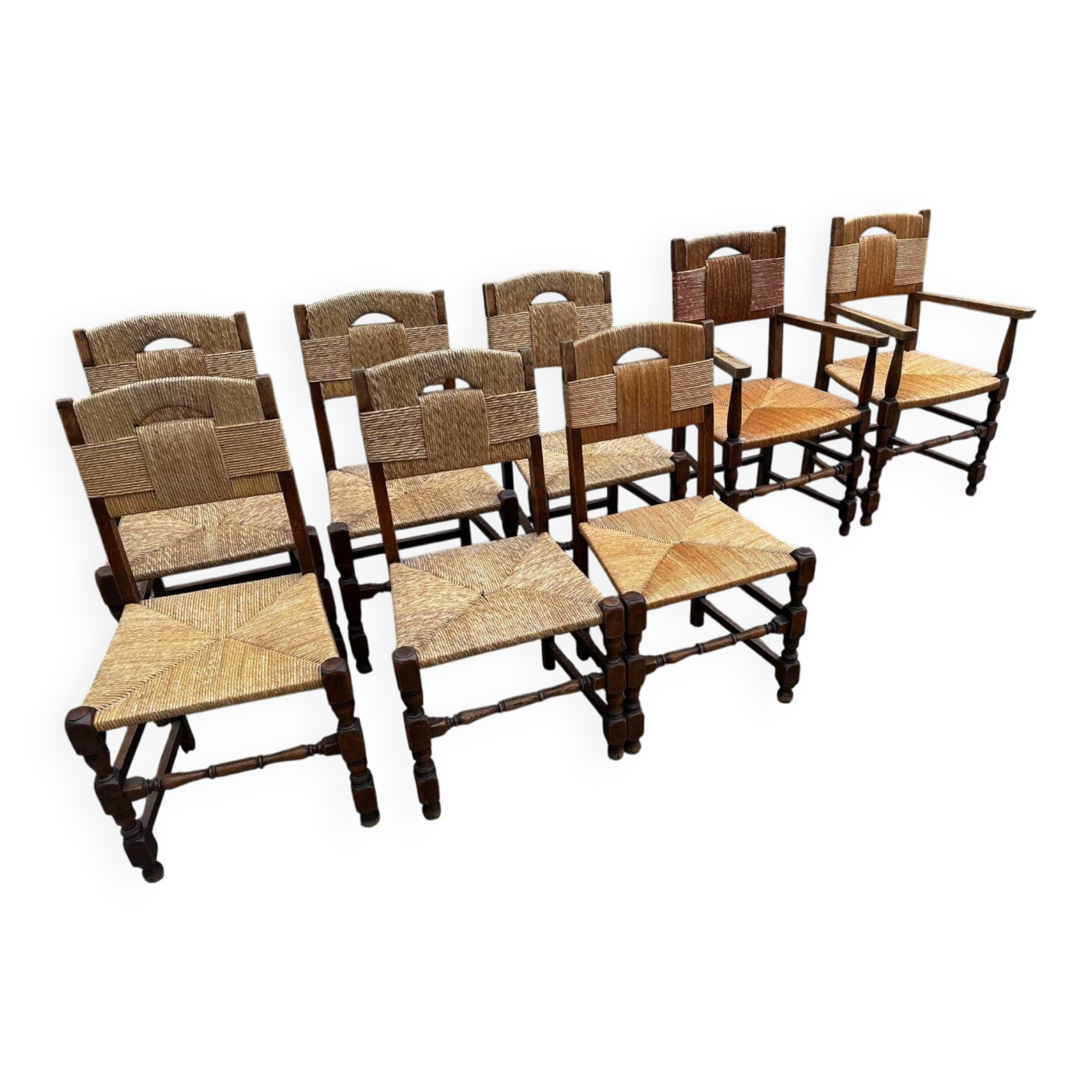 Set of 6 chairs and 2 armchairs, Brutalist style, 1950s