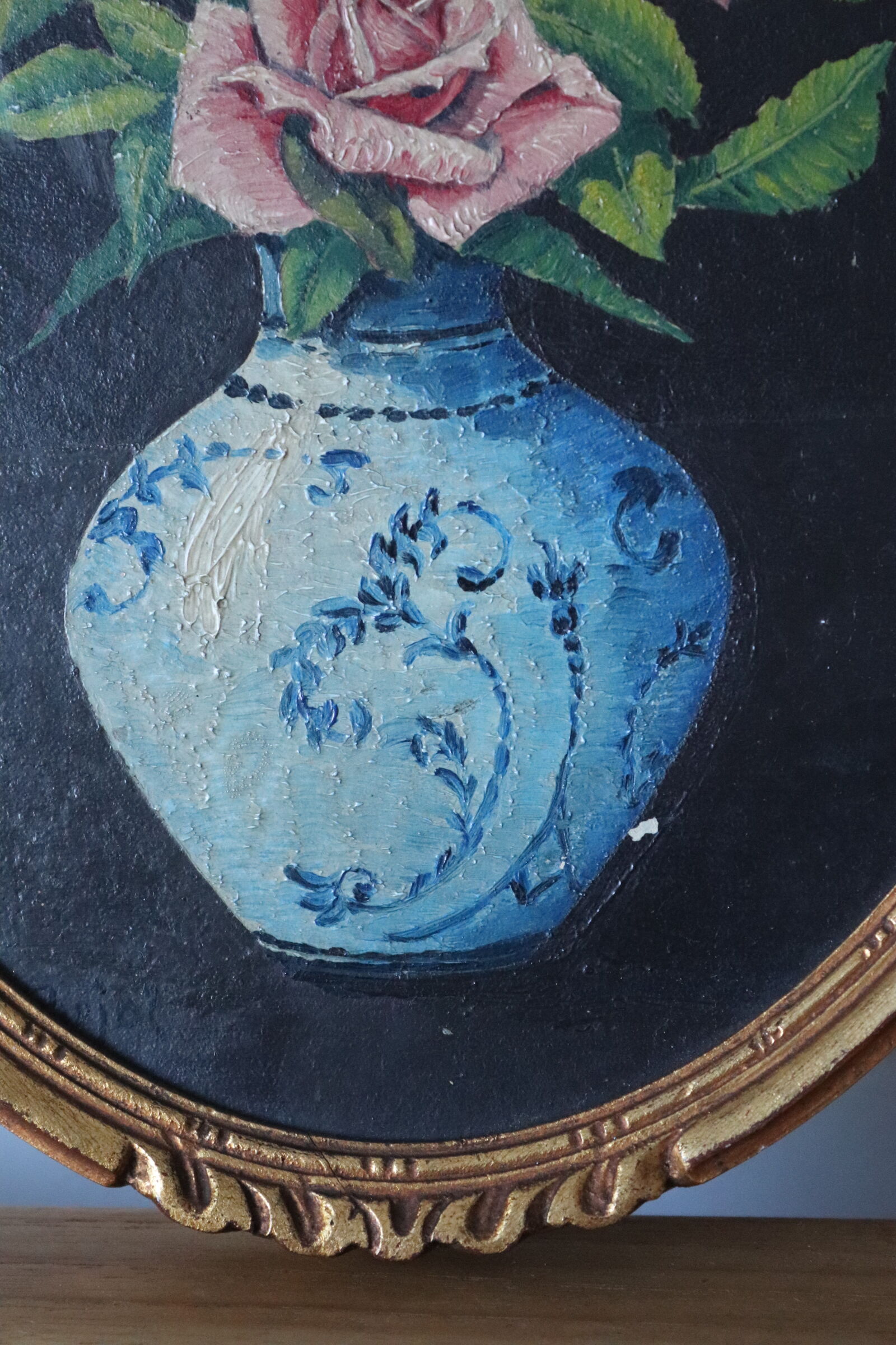 Oil on oval panel bouquet of roses