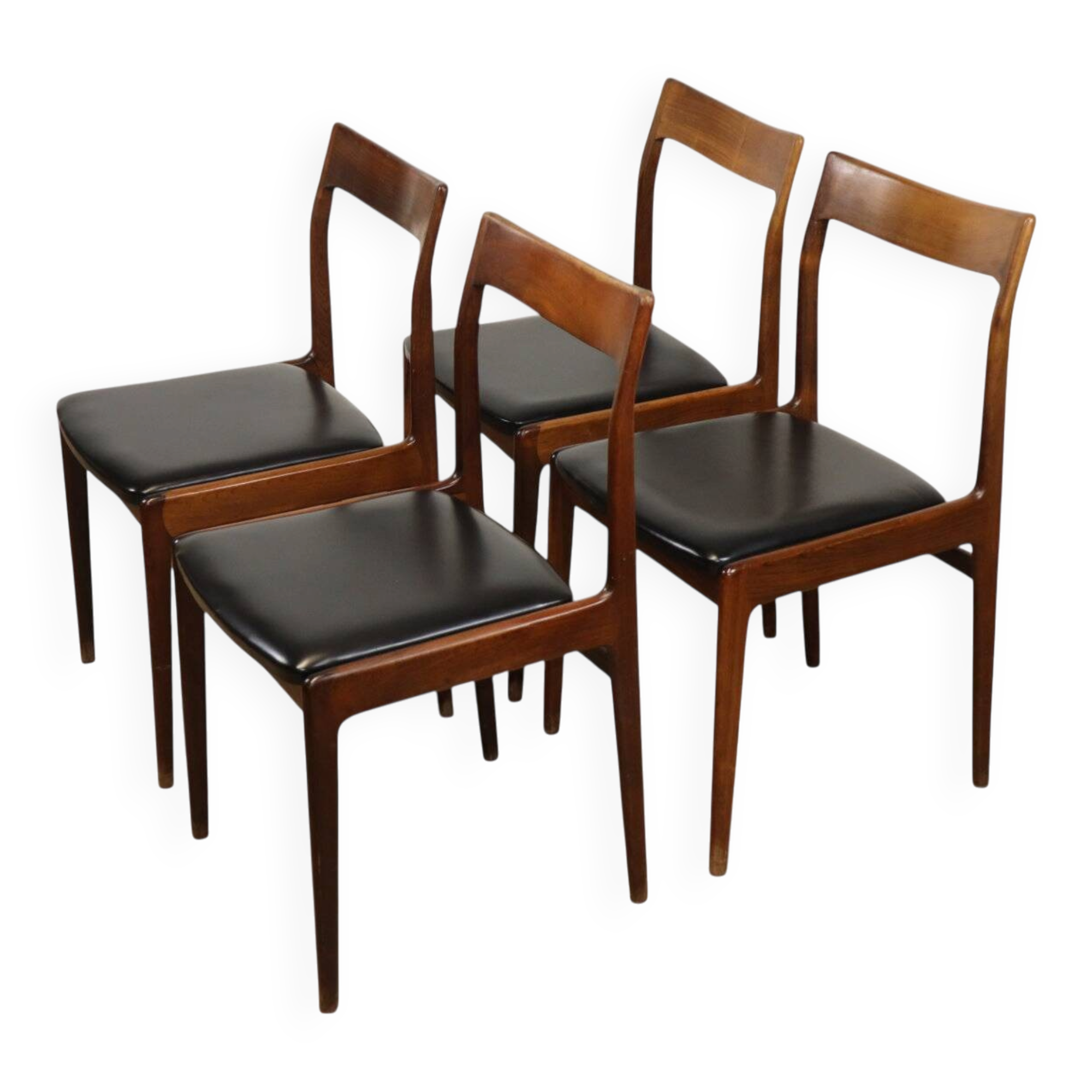 Set of 4 vintage teak and black faux leather chairs – 1960s