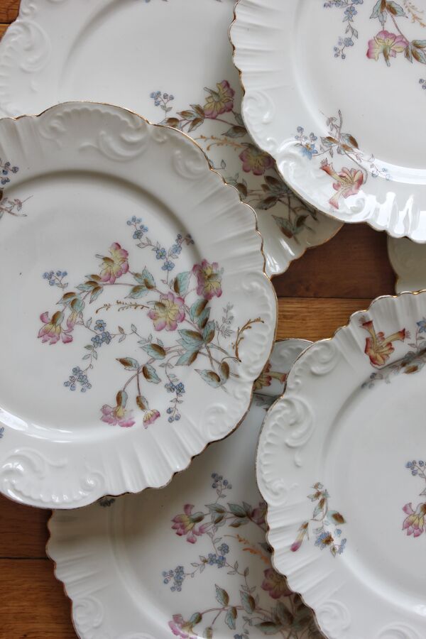 12 assiettes à dessert en porcelaine ancienne décor polychrome floral début XXe