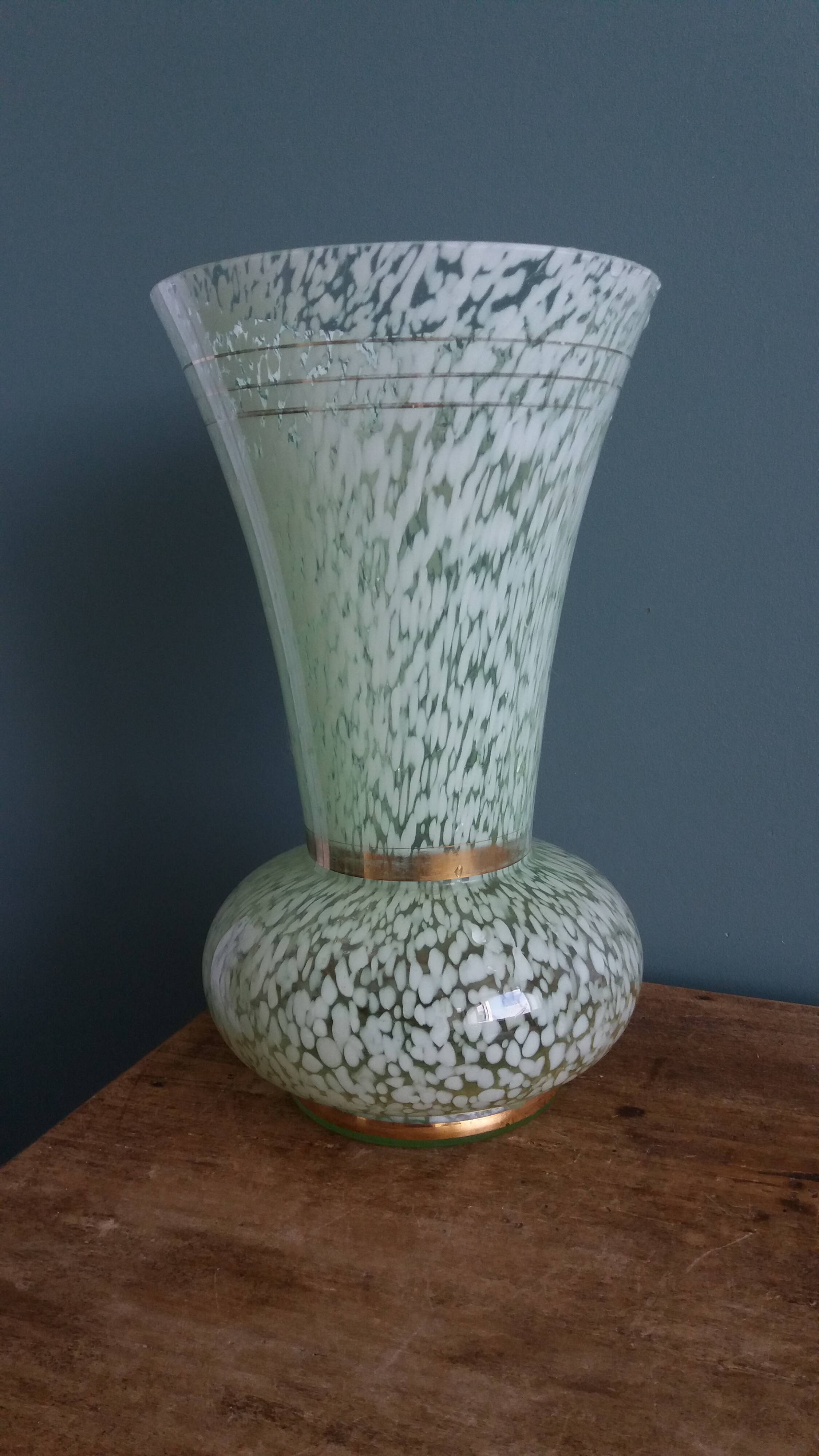 Green speckled glass vase from Clichy with gold threads.