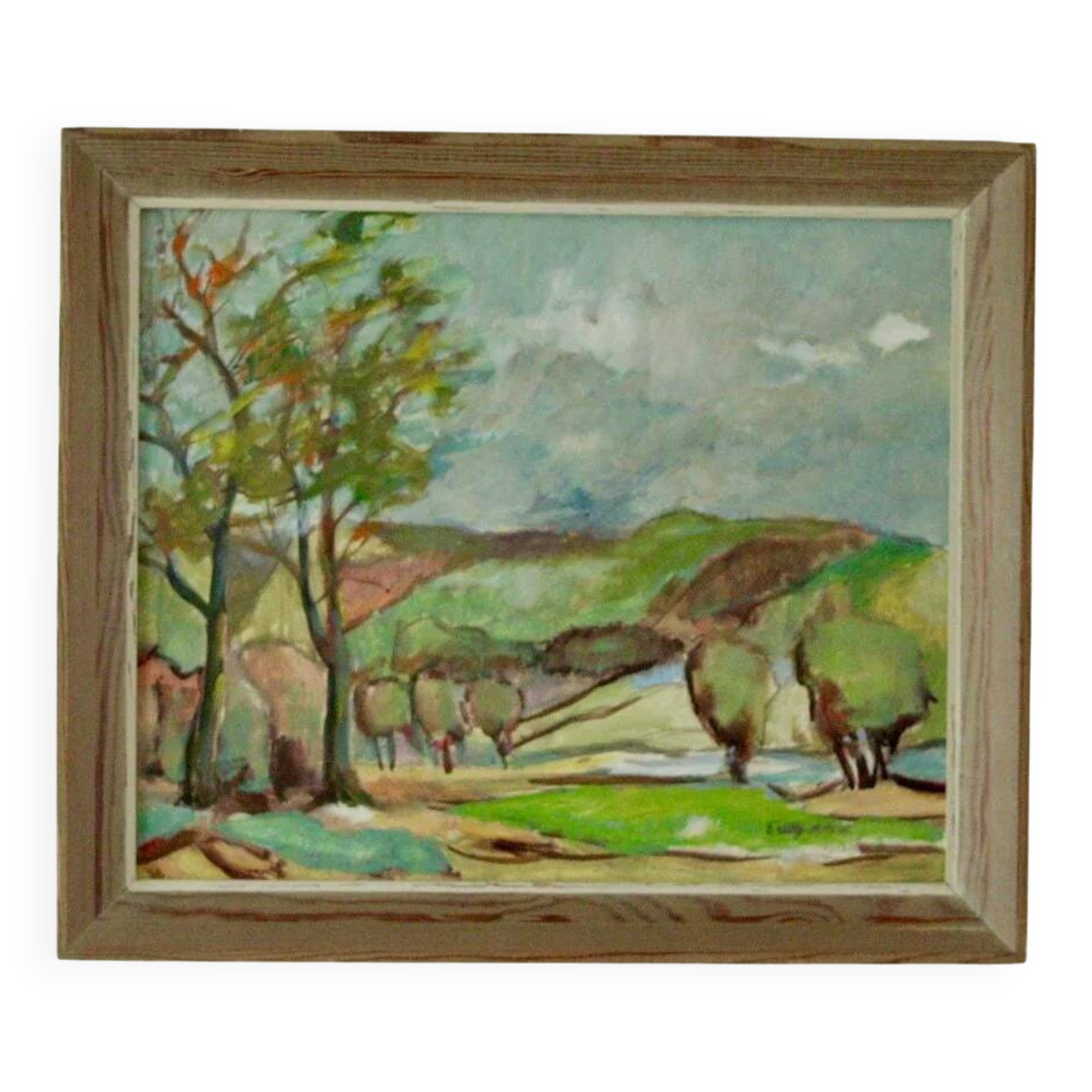 Huile sur panneau suédoise originale du milieu du siècle « Paysage avec arbres »