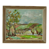 Huile sur panneau suédoise originale du milieu du siècle « Paysage avec arbres »
