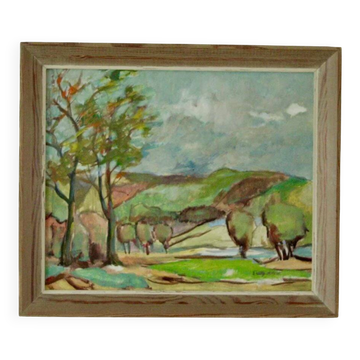 Huile sur panneau suédoise originale du milieu du siècle « Paysage avec arbres »
