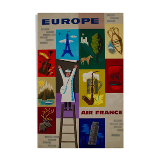 Affiche original Air France Europe Carlu par Jean Carlu en 1957 - Petit Format - On linen