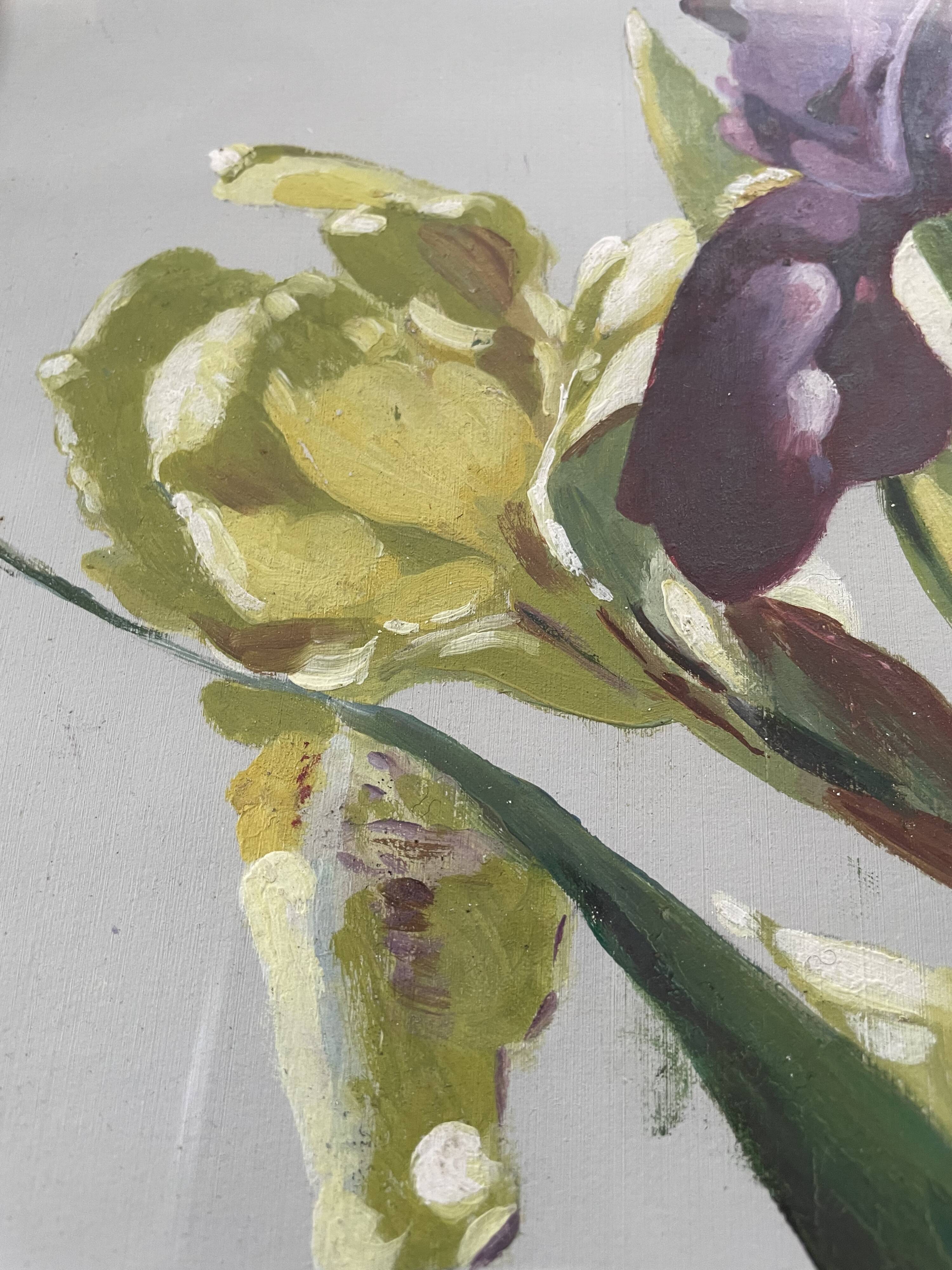 Old oil painting on paper – Bouquet of irises – Framed
