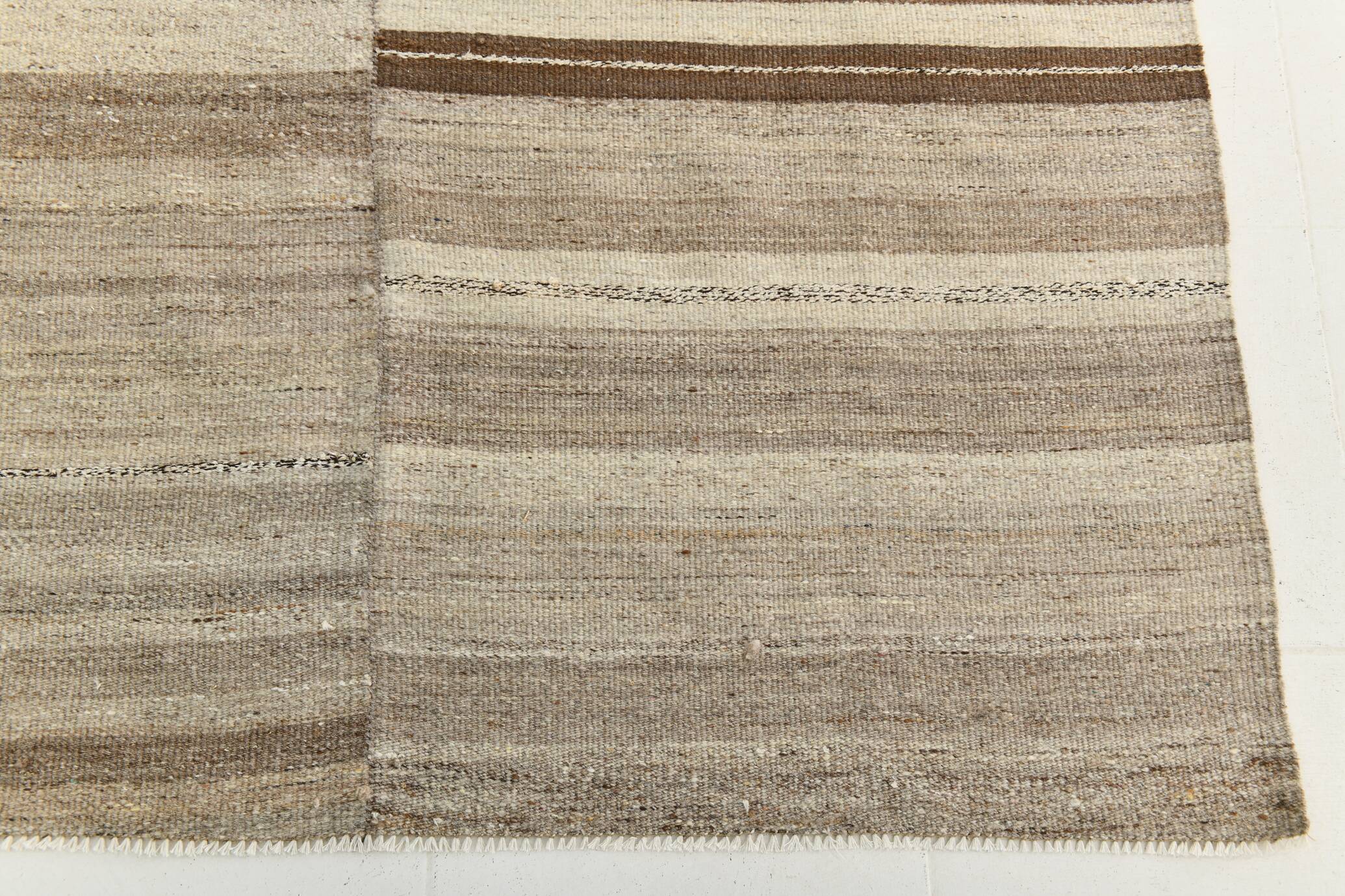 Naturel Wool Beige and Stone Grey Turkish Wool Kilim Rug, 233x293 Cm