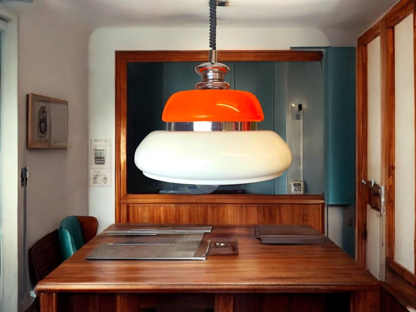 Mid Century Modern orange pull down  lamp