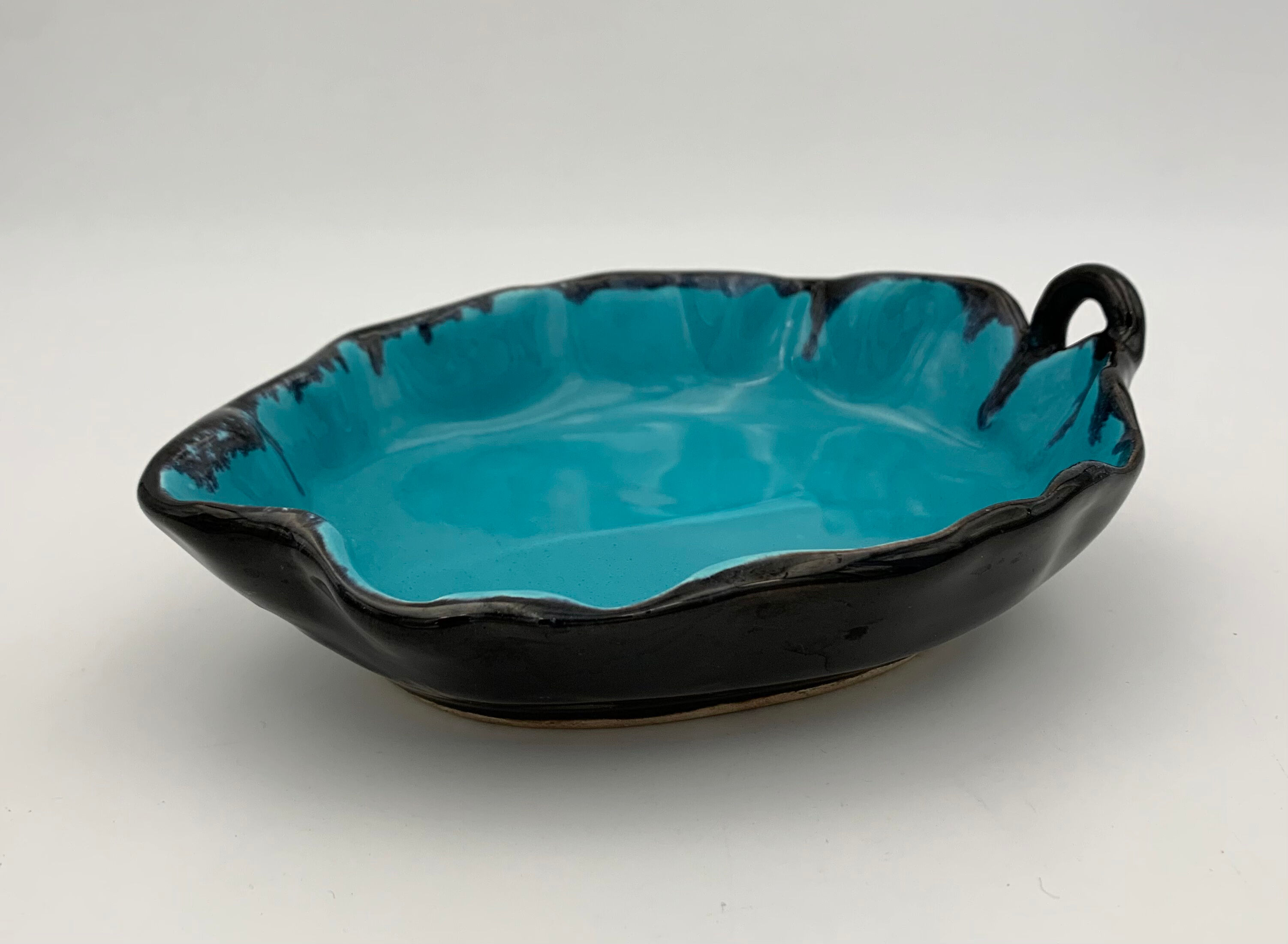 Vintage blue and black enameled ceramic trinket dish - 1960s-1970s
