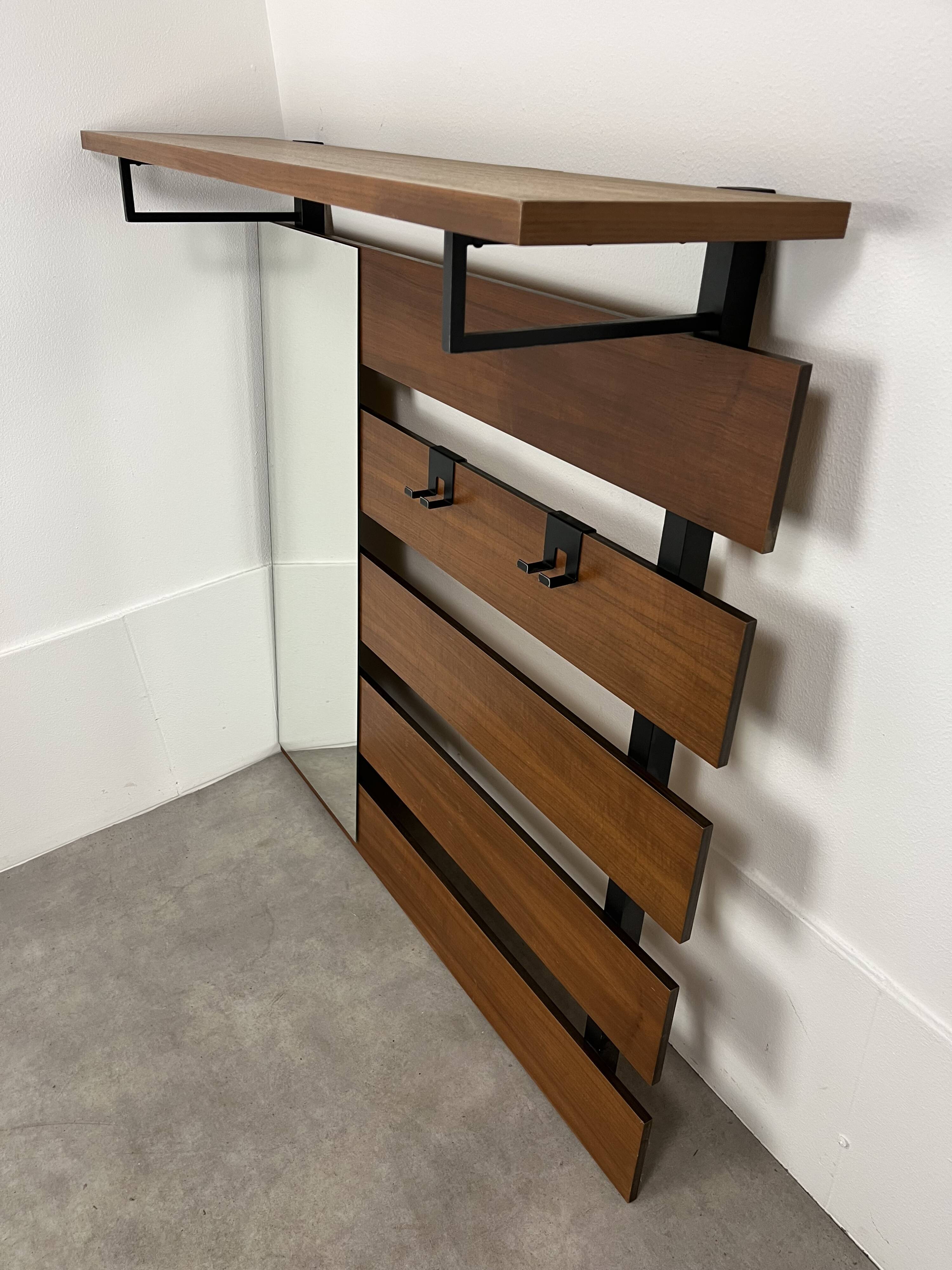 Teak wall coat rack and mirror, 60s, cloakroom