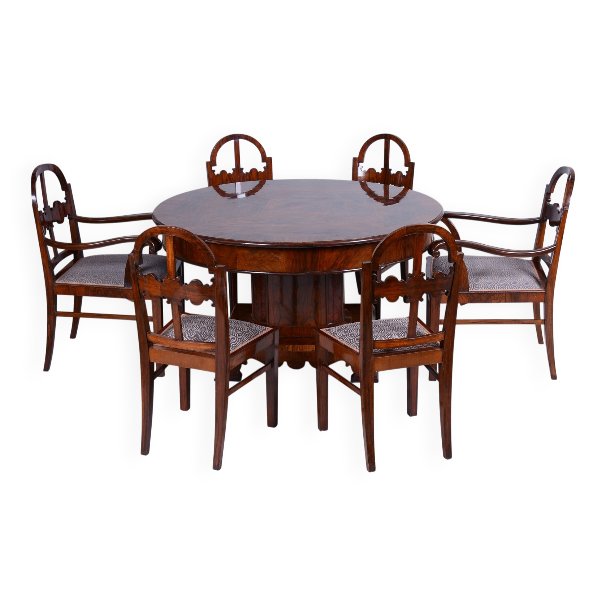 Art Deco Dinig Set in Caucasian Walnut, 1920s, Set of 7